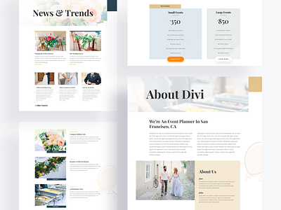 Event Planner Template Design for Divi clean ui divi event event planner event planning icons design illustration landing page layout minimal orange photography template typography ui ux website white wordpress yellow