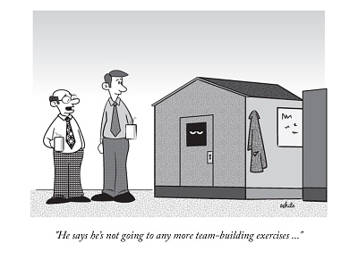 No more teambuilding business caption contest cartoons illustration newsletter single panel cartoon team building