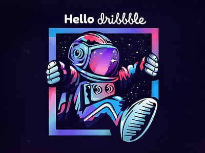 Hello Dribbble astronaut debut first galaxy hello illustration shot space vector