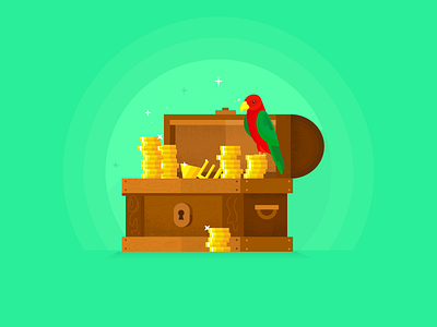 Not-So-Buried Treasure chest illustration marketing parrot pirate treasure