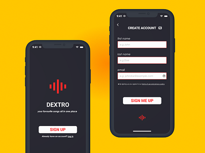 Dextro app sign up page UI