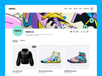 remx profiles account avatar design digital wearables ecommerce marketplace nft marketplace nfts profile ui web3