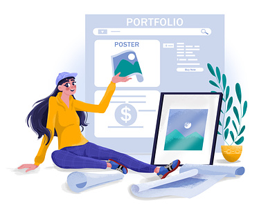 Searching in Portfolio buynow character characterdesign colorful design drawing girl hat illustration longhair plant portfolio poster search sitting wirestock woman