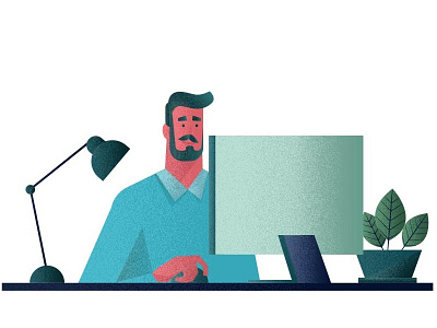 Bearded man sitting at his desk beard computer desk flat flowers illustration lamp man