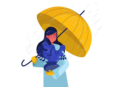 Girl With Umbrella blue design flat flowers girl rain umbrella woman yellow