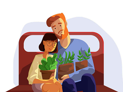 Honey couple with pot of flowers in train