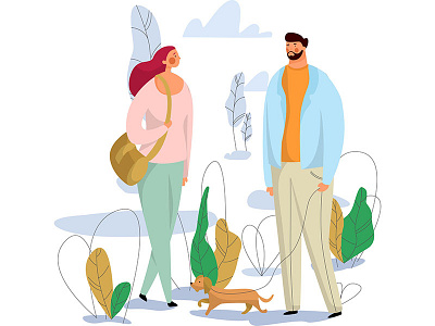 Meeting design dog flat illustrations love lovers man meet plants tree woman