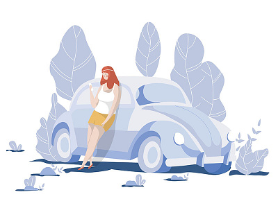 Waiting for your reply bohemian car character illustration nature stand style tree wait women