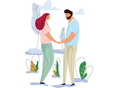 Young Couple Meet character design draw flat flowers man park plants tree woman