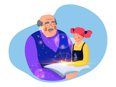 Back to childhood book character design girl grandfather happy illustration