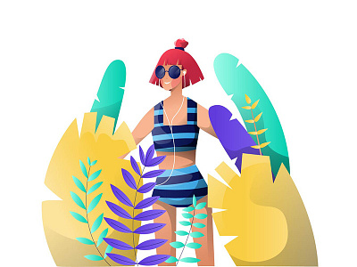 Summertime character design girl hot illustration plants relax sea summer sun
