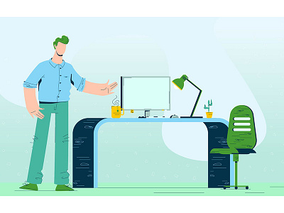Work Place area chair character computer design draw face flat flowers illustration lamp man office place plants table tea work worker workplace