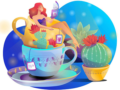 Tea Time book character cup design drink flat flowers illustration plants read tea tea cup teatime woman