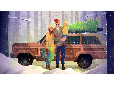 Christmas Mood car character christmas tree cold design draw family father girl illustration man mother parents snow snow day tree winter woman