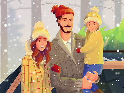 The family )) character design family flat illustration snow snow day winter party