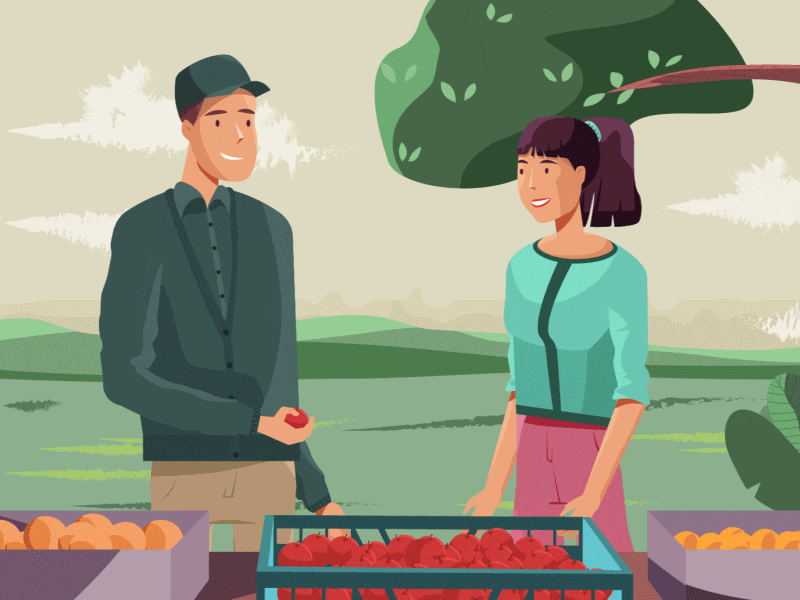 Conversation about the fruits character characters design draw face flat flowers fruit girl illustration man plants tree vector woman