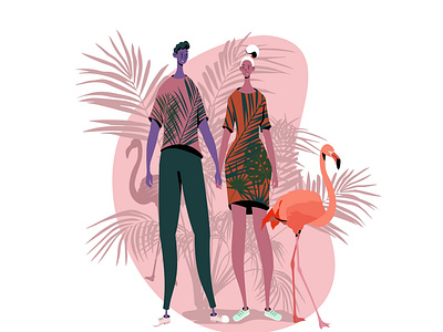 Journey of inspiration character design draw family flamingos flat illustration inspiration journey love man plants summer tropic vector woman