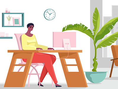 Workday )) chair character clock design face flat flowers furniture girl illustration plants vector woman work work desk worker