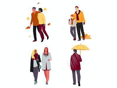 People walking in autumn character design draw flat flowers girl illustration man plants woman