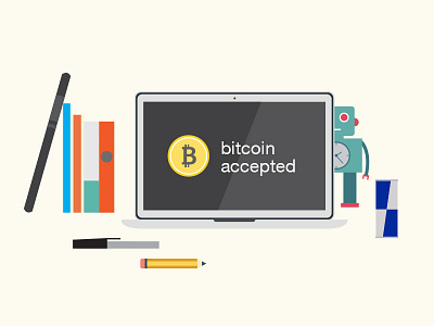 Bitcoin Accepted for design project bitcoin books design designer desk freelance graphic hire redbull robot vector workplace