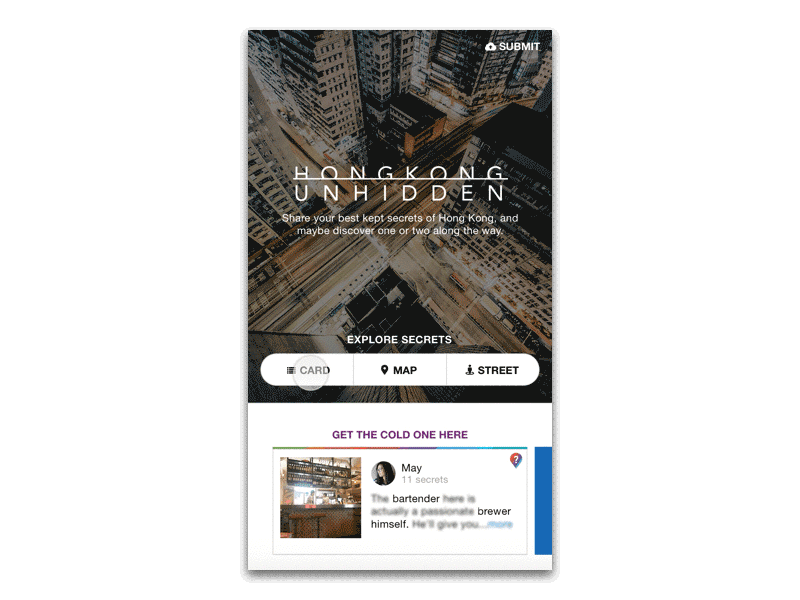 Hong Kong Unhidden - Card view tinder swipe tourism travel card web mobile interaction ux ui