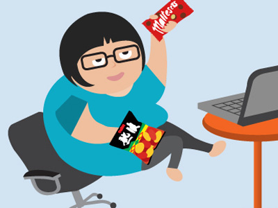 Warning: Overtime makes you fat chips fat girl glasses illustration office overtime overwork portrait snacks vector work