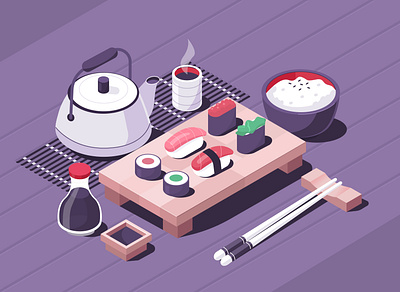 Sushi design digital food illustration isometric japan japanese sushi tea vector