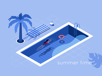 Summer time character flat isometric lady pool summer swimming travel
