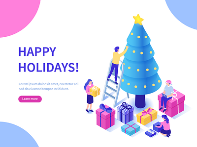 Happy holidays character christmas design flat illustration isometric new year people tree vector