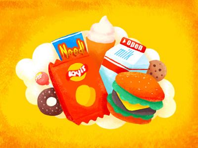 Snack illustration burger cloud cookie donut ice cream illustation lays lollipop milk noodles yellow
