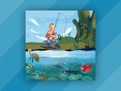 Fisherman children book digital art fish fisherman fishing rod illustration lake turtle