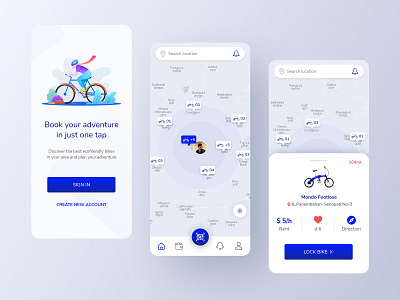 Bike Sharing App app bicycle app bike booking clean ui concept cycle design flat ios app design map rent rental app ride app ridesharing sharing ui ux