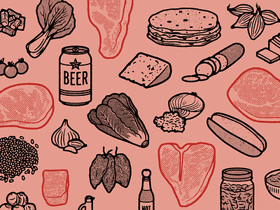 Takin' It Out and Choppin' It Up barbecue beer book design food food and drink garlic grill halftone illustration lettuce onion pattern steak