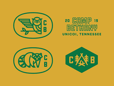 Summertime and the Campin' is Easy badge branch brand camp campfire camping fire hexagon icon kids logo owl raccoon seal summer summer camp tennessee tent tree typography