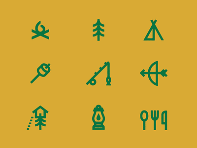 Summertime and the Icons is Easy archery brand camp campfire camping cutlery fire fishing fork icon icons knife lantern marshmellow spoon summer camp tent tree treehouse utensils
