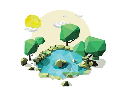 Morning pond art creative design flat landscape lowpoly polygon simple vector