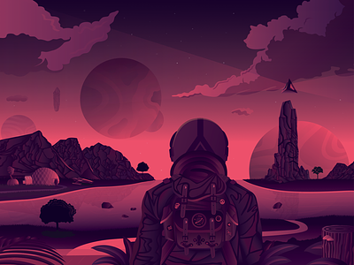 The day we left earth gradients illustration planets retrofuture space vector