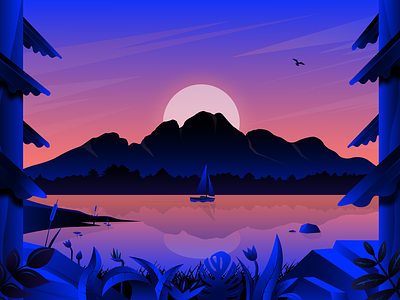 Rooted In Nature adventures art direction balance blue blue sky boat design gradients illustration illustrator lilies mountains nature plants sunset trees vector