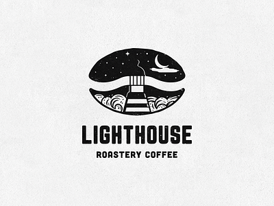 Lighthouse Roastery Coffee Logo coffee coffee bean lighthouse logo logo design negative space roastery sea