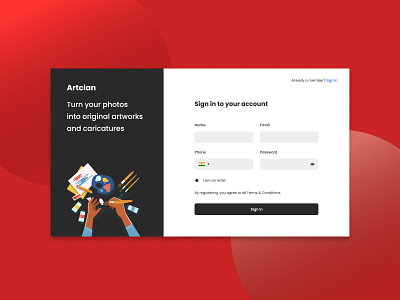 Sign in page for Artclan adobe adobe xd design log in minimal design mockup register sign in sign up ui web design web ui website website ui xd