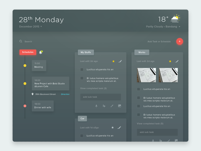 Task, Memo, Schedule, Weather & etc. (Dark Color) black grey dark ipad minimalist ios weather memo timeline schedule task calendar