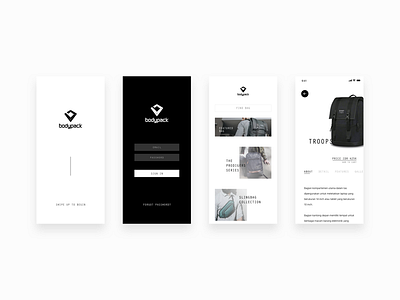 Bodypack App Concept WIP backpack bag black and white clean dasbboard iphone x landing page login minimal ui ux website