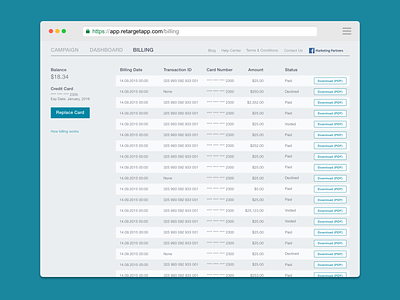 Billing & payments transactions. RetargetApp