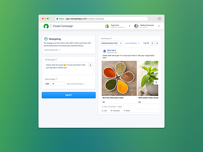 Create retargeting campaign on Facebook. RetargetApp ad preview ads automate ads b2b campaign charge create daily badget facebook ads interface payment payment method product design recommendation retargetapp shopify suggestion ui ux web app