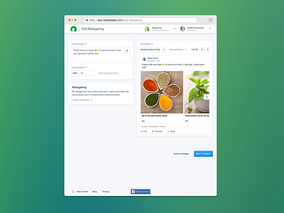 Edit ad campaign on Facebook. RetargetApp ad message ads automate ads campaign confirmation daily budget edit facebook ads flag message inline message interface notification product design retargetapp save toast ui update ux web app