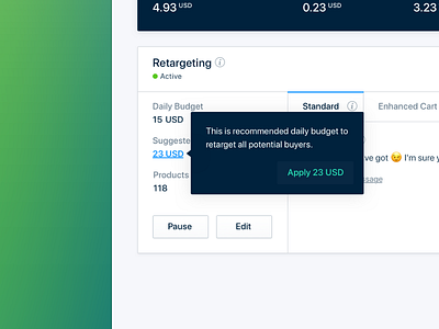 Suggested daily budget on dashboard. RetargetApp ad spend ads automate ads daily budget dashboard facebook ads interface product design recommendation retargetapp suggestion tool tip ui ux web app