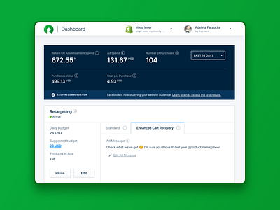 Ad campaign daily recommendations. RetargetApp ads banner dashboad date range interface metrics notification product design recommendations suggestions tabs tooltip ui ux