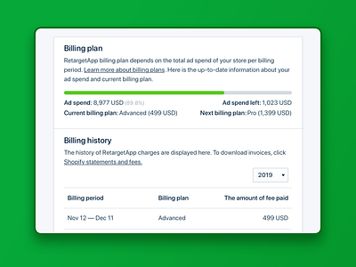 Billing plan & history. RetargetApp billing billing period billing plan billing tariff billing threshold charge history interface invoice product design statments subscribtion subscription plan tariff ui ux