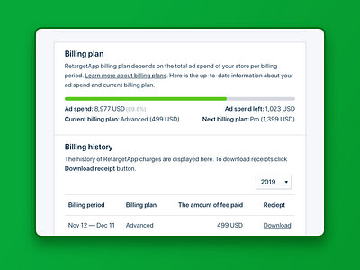 Billing history for BigCommerce store. RetagetApp billing billing period billing plan billing tariff billing threshold charge history integration interface invoice pdf product design receipt stripe subscription subscription plan tariff transaction ui ux