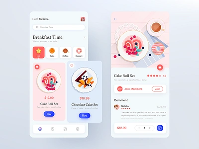 Breakfast app app breakfast cakes card clean ui design drinks flat illustration ios pink ui ui ux design ux vector